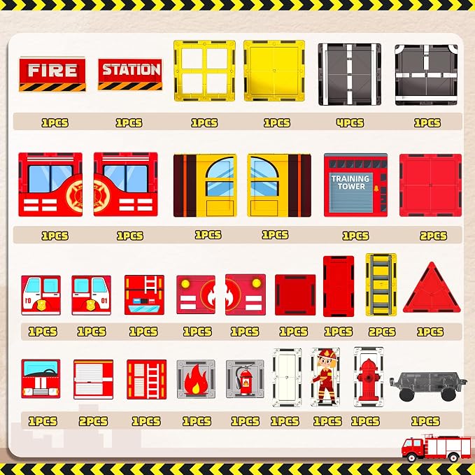 SKTMYY Fire Station Magnetic Tiles Building Toys for Kids Ages 4-8 | Fire Truck, Firemen, Firefighter, Road Magnet Tiles, STEM Magnetic Blocks, 3+ Year Old Boys Gifts, Montessori Preschool