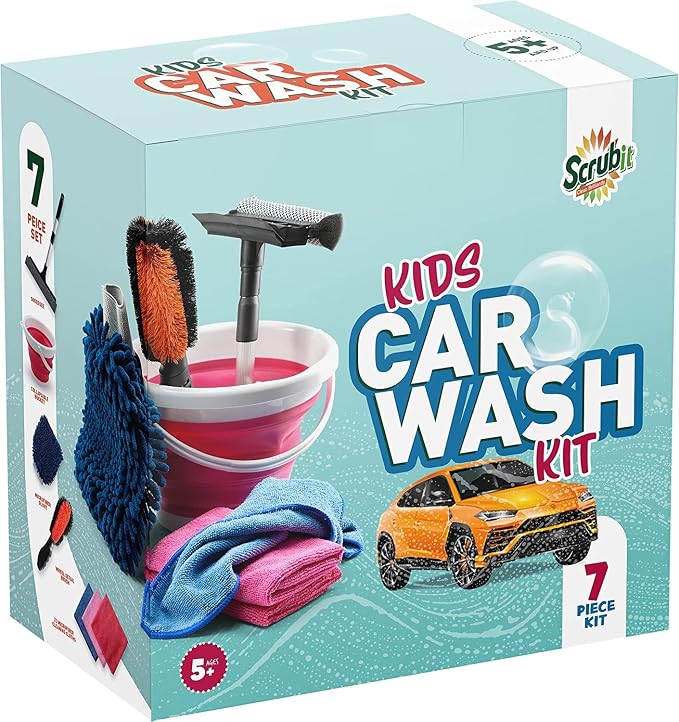 Kids Car Wash Activity Kit – 7 Kid-Sized Carwash Accessories Gifts for Boys & Girls Ages 5 6 7 8-10 - Outdoor Fun Toys – Set Includes Bucket, Squeegee, Microfiber Mitt, Wheel Brush, 3 Cleaning Cloths