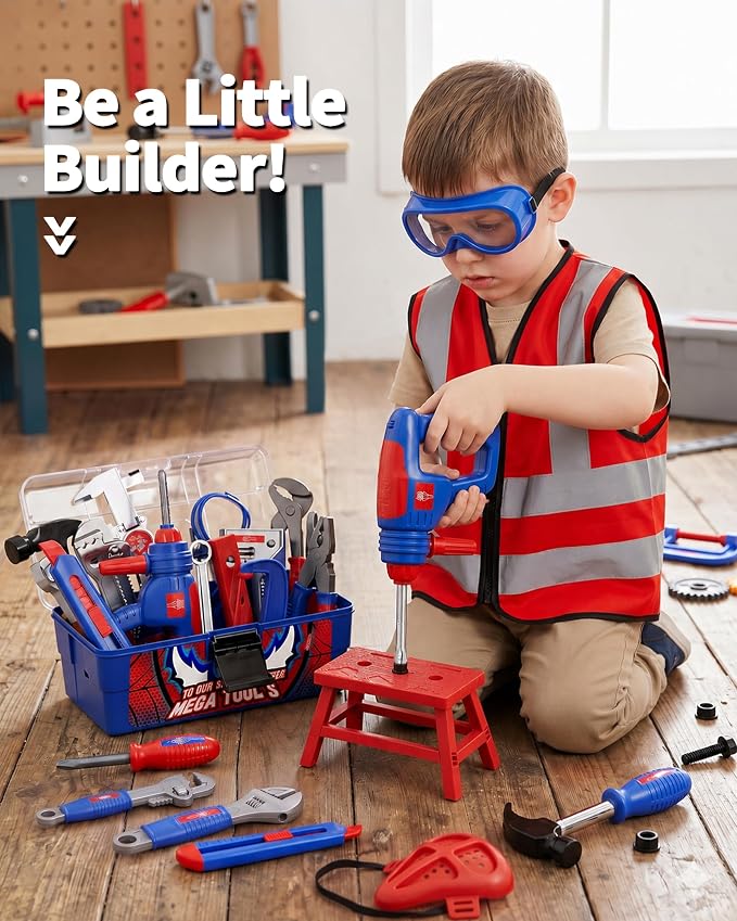 Kids Tool Set for Boys-Toddler Drill with Tool Box | Electronic Toy STEM Pretend Play Construction Toys with Costume Vest, Girls Toys for 3 4 5 6 7 Year Old (Blue)