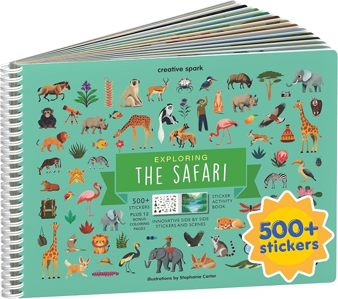 Cupkin Safari Animals Coloring & Sticker Activity Book | 500+ Stickers | Spiral-bound kids craft format with 12 scenes, 12 art pages, side-by-side viewing, and an easy-peel design for ages 2–8