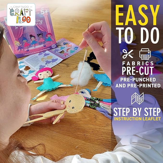 Ballerina Sewing Kit for Kids Ages 5-12 - 5 Felt Dancer Dolls, Beginner