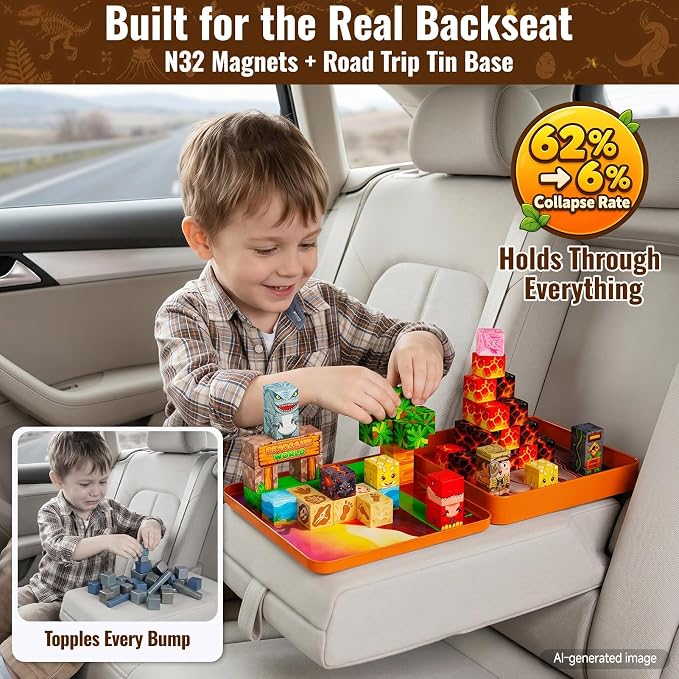 burgkidz Dinosaur Volcano Magnetic Blocks: 360g Portable Tin Case, N32 Strong Magnets, 4-Scene Storybook – Quiet STEM Travel Toy for Road Trip & Airplane, 49 PCS Building Set, Gift for Kids Ages 3-8