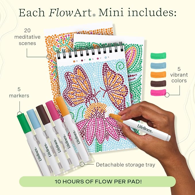 Lifelines FlowArt Mini Activity Pads, 6-Pack, Dot-by-Letter Coloring Books | 30 Markers & 120 Scenes - Guided Art Meditations for Tweens, Adults & Seniors - Dot-by-Letter - Patent-Pending