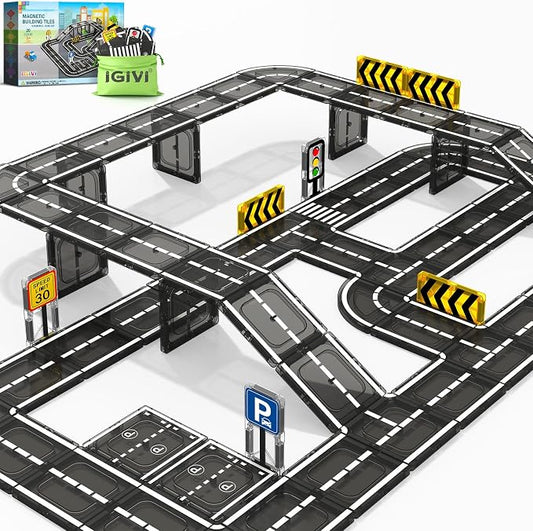 Magnetic Tiles Road Set, STEM Magnet Toys for Kids Ages 3-5 4-8, Magnetic Building Blocks for Toddlers, Birthday Gifts for 3+ Year Old Boys Girls