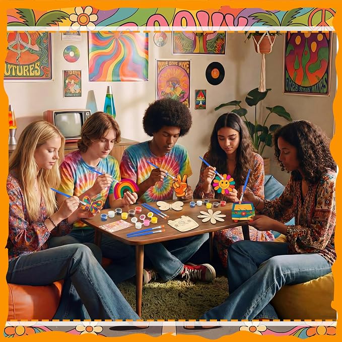 Saypacck 24 Pcs Groovy Boho Hippie Party Favors Wooden Paint Craft Kits | Retro Daisy Rainbow Decorations for Goodie Bags, Bulk Thank You Gifts with Organza Pouch, Boho Hippie Activities for Kids