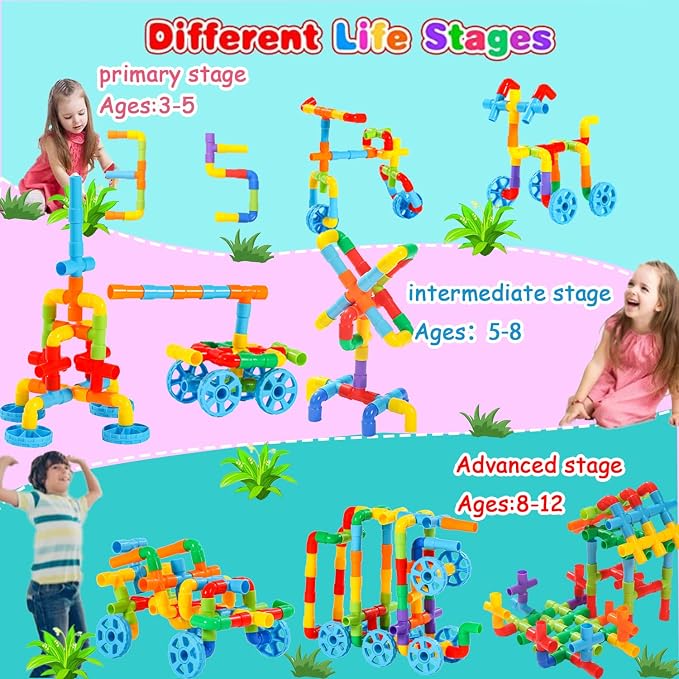 KUTOI Pipe Building Toys, Early Learning Educational Tubular Pipes, Kids Building Blocks, STEM Toys for 3 Year Old + Boys and Girls, 72 Pcs Stim Toy Set