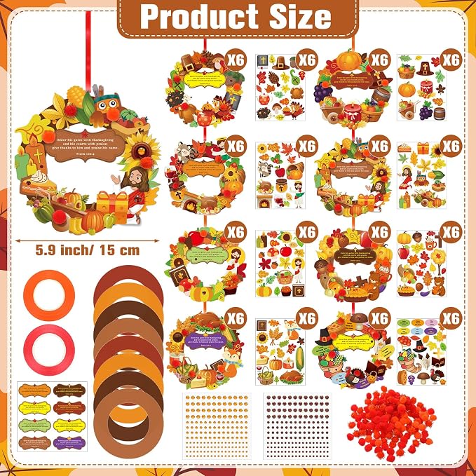 Hollowfly 48 Set Thanksgiving Wreath Craft Kits DIY Christian Ornament | Christian Thankful Fall Designs, Hanging Ornaments, Ideal for Thanksgiving Decor, Sunday School Crafts & Church Party Favors