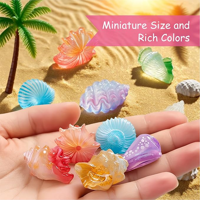 42Pcs Mini Resin Seashell Conch Figurines Small Sea Shell Figures for Craft | Tiny Bulk Plastic Shells Ocean Animals Aquarium Decorations DIY, Glow in the Dark, 7 Styles 6 Each, Mermaid Party Favors