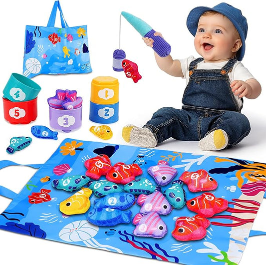 Montessori Toys for 1 Year Old: Cloth Fishing Game with Stacking Cups | Learning Educational Toys for 1+ Year Old Boy Girl First Birthday Gift - Number Counting, Color Sorting Toys for Toddlers 1-3
