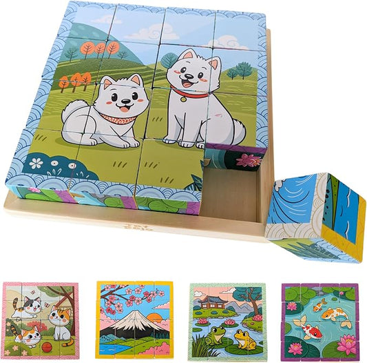 6-Sided Wooden Block Puzzle for Toddlers & Kids — 6 Puzzles in 1, Dogs, Cats, Frogs, Fish, Nature & Mountain Scenes, 16 Solid Birchwood Pieces with Wooden Storage Tray