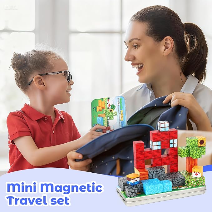 SYSKENI 35PCS Mini Farm Magnetic Blocks Travel Set for Kids Ages 3-5 4-8 | Magnetic Blocks Travel Toys Portable Magnet Cubes STEM Learning Toys with Portable Iron Storage Box Christmas Birthday Gifts