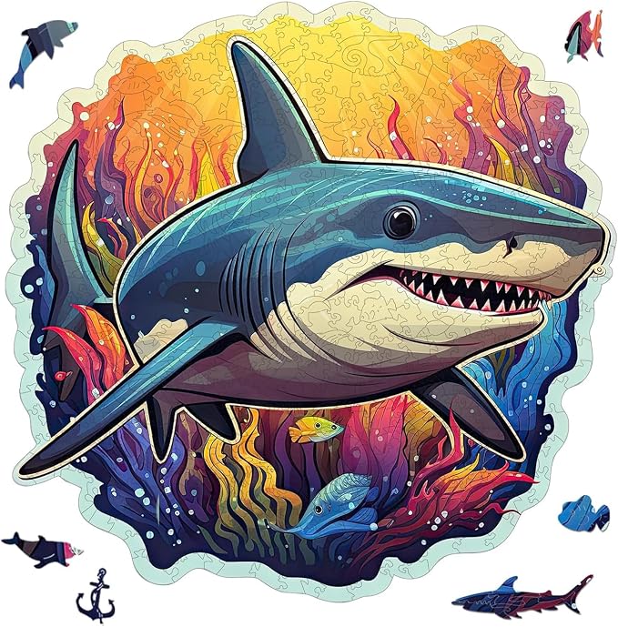 Qiuenisray Wooden Puzzles for Adults, Shark Ocean Jigsaw Puzzles 200 Pieces, Funny Wall Decor, Wood Puzzle, FSC Certified Unique Shape Adult Puzzles Pieces, Creative Gift for Family Game 11.1x11.2 in