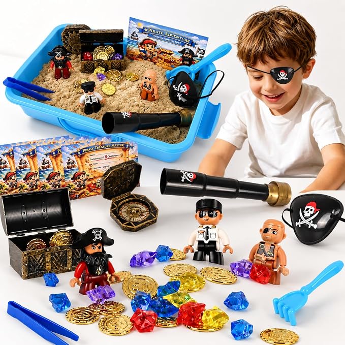 Pirate Treasure Chest Sensory Bin for Kids with Sensory Sand | Includes pirate figures, gems, coins and challenge cards for fine motor skills, counting activities Gifts for kids ages 3-6