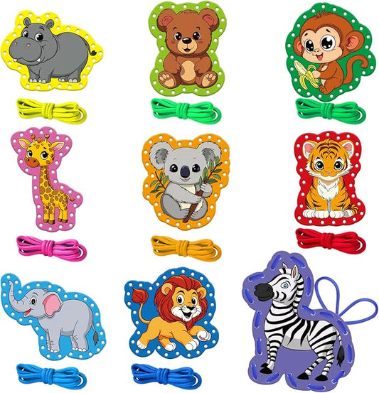 Animals Lacing Cards, Sewing Kit for Kids,Fine Motor Skills toys | 9PCS Double Side Toddler Crafts for Shoe Tying Practice,Manipulatives for Preschool Learning Activity,Classroom Must Haves