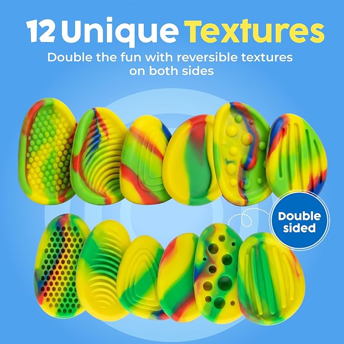 BUNMO Sensory Fidget Stones – 6pk Rainbow | Silicone Worry Stones for Kids Ages 3+ | Portable, Textured, Quiet Sensory Stones for Hands-On Play