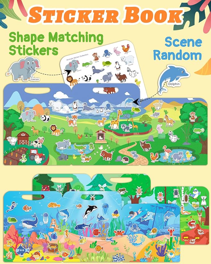 Benresive Reusable Sticker Book for Toddlers, Stickers for Kids, Travel Toy | Toddler Toys, Boys Girls Birthday Gifts, Airplane & Road Trip Essentials Kids, No Mess Waterproof Toddler Crafts Activities