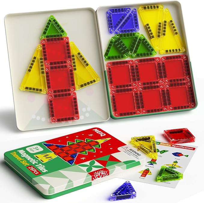 Magnetic Tiles Travel Storage Mini STEM Blocks Festive Box 26PCS 3+ | STEM magnetic building tiles with festive travel box. Great for road trips, airplanes, Montessori play & on-the-go fun