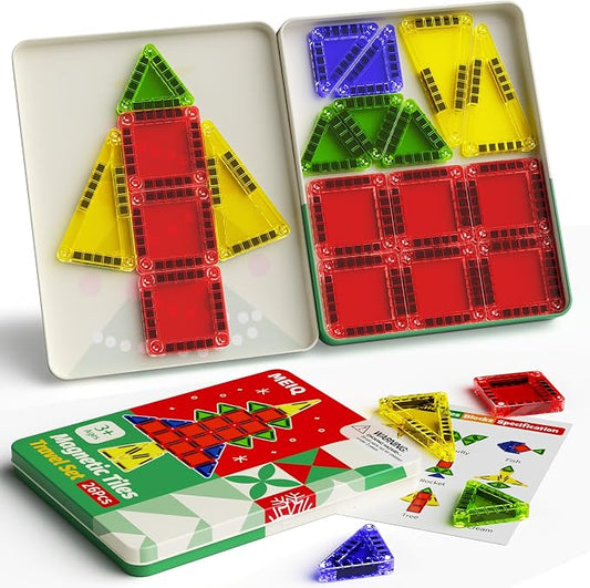 Magnetic Tiles Travel Storage Mini STEM Blocks Festive Box 26PCS 3+ | STEM magnetic building tiles with festive travel box. Great for road trips, airplanes, Montessori play & on-the-go fun