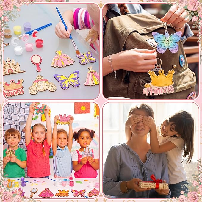 Saypacck 24 Pcs Princess Party Favors Wooden Paint Craft Kits | Organza Bags for Goodie Fillers, Princess Games Activities, Party Decorations, 8 Designs Include Paints and Paintbrush