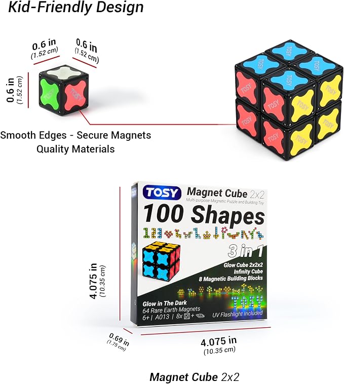 TOSY Magnet Cube 2x2 - 8 Blocks, 2 in 1 Toy: 2x2x2 Puzzle Cube and Customizable Infinity Cube, Glowing, UV Flashlight, Fidget/Sensory/STEM/STEAM Magnet Tiles Birthday Gift for Kids/Teens/Adults