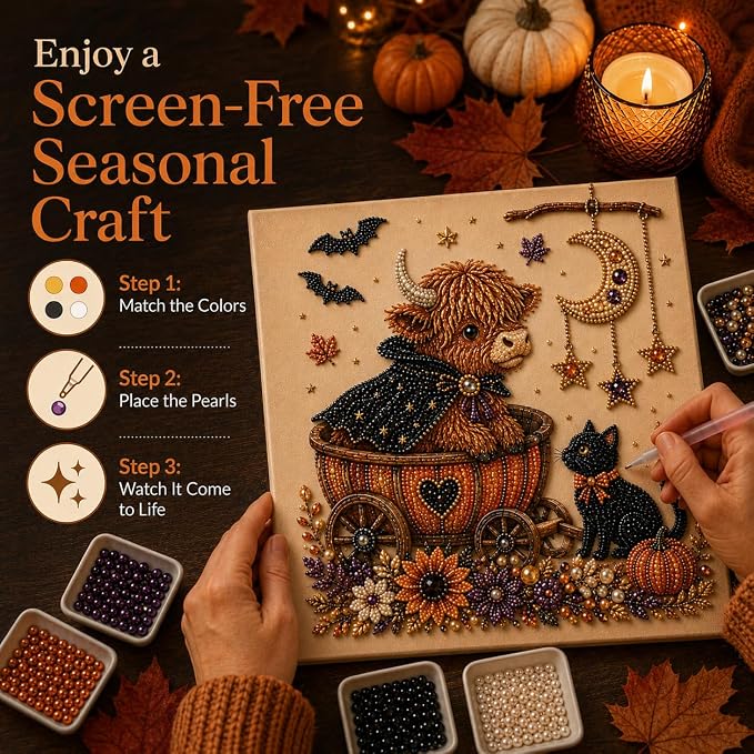 Halloween Pearl Art Kit for Adults, DIY Fall Craft (Cow) | Create textured Halloween decor through a screen-free, beginner-friendly craft activity.