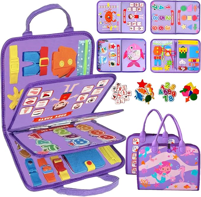 Montessori Busy Board Book for Toddlers, Mermaid Sensory Learning Toy for Girls, Educational Fine Motor Skills Toy, Travel Busy Board for Car & Airplane