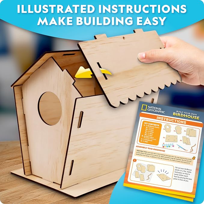 National Geographic Build Your Own Wooden Birdhouse Craft Kit for Kids | DIY Wooden Birdhouse, Paints and Brush, Bird-Watching Journal, Educational Poster, Outdoor Nature Craft, Birthday Gift