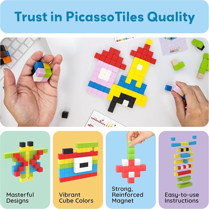 PicassoTiles 100pcs 0.5” Pixel Magnetic Puzzle Cube Mix & Match Cubes Sensory Toys STEAM Education Learning Building Block Magnets Children Construction Toy Set Stacking Magnet Creative Kit PMC100