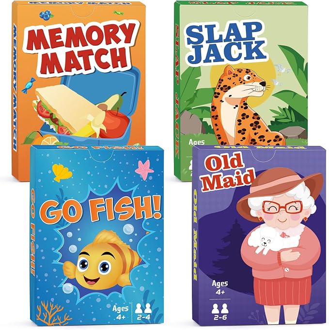 Card Games Go Fish,Old Maid,Slap Jack and Memory Match-4 Decks in 1 Pack,Classic Card Games for Kids Toddlers,Fun Kids Games for Family Party Game Night,Stocking Stuffers Gifts for Boys and Girls | Classic Card Games for Kids Toddlers, Fun Kids Games f...