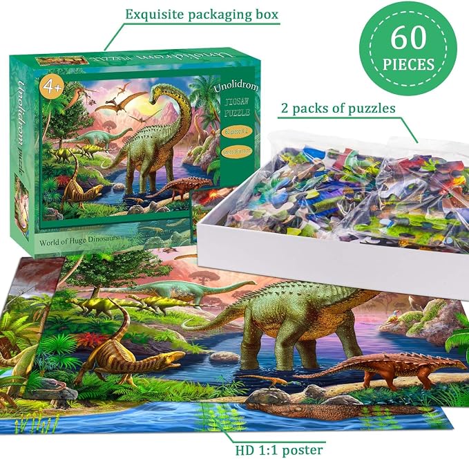 Puzzles for Kids Ages 4-6 – 2 x 60 Pieces World of Huge Dinosaurs | Puzzles for Kids Ages 3-5 6-8, Educational Learning Dinosaurs Toys, Gift for Boys and Girls