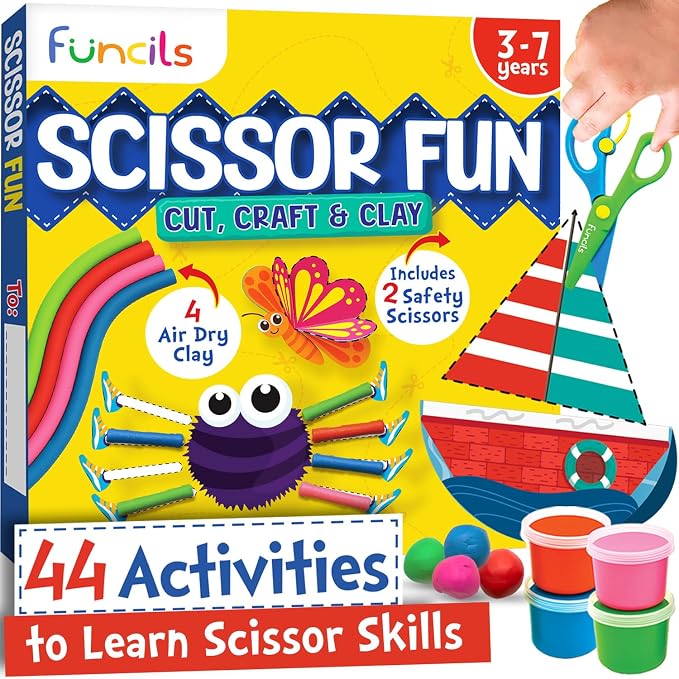 Funcils Kids Scissors Skills with Air Clay, Toddler Scissors Ages 3 4 5 6 7 | 2 Safety Scissors, Preschool Gifts, Toys for Kids, Cutting & Learning Crafts Activities - Art Supplies Gifts for Boys & Girls