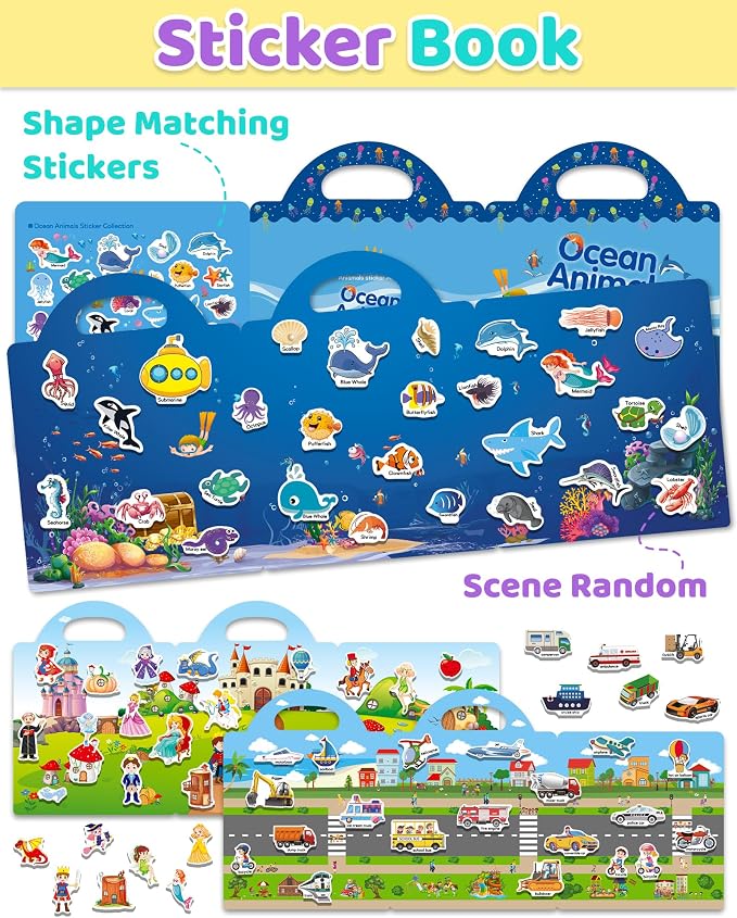Benresive Reusable Sticker Book for Toddlers, Stickers for Kids, Travel Toy | Toddler Toys, Boys Girls Birthday Gifts, Airplane & Road Trip Essentials Kids, No Mess Waterproof Toddler Crafts Activities