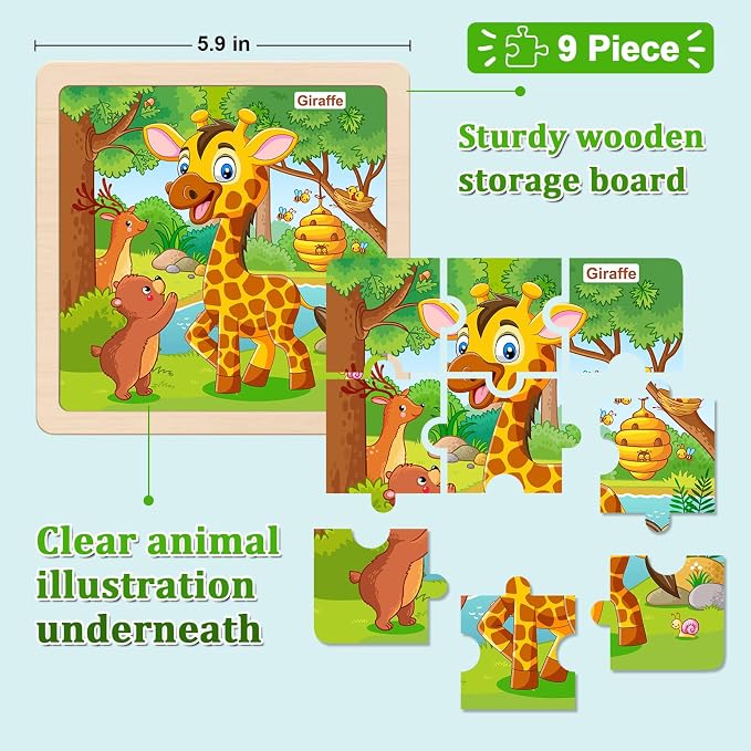 Wooden Puzzles for Toddlers 3+, 9 Pieces Animal Jigsaw Puzzles for Kids Ages 3-5, Preschool Learning Activities, Learning & Educational Toys, Gifts for Boys, Girls