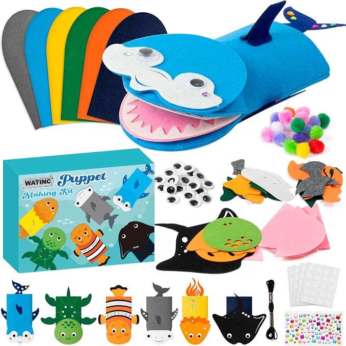 WATINC Hand Puppet Making Kit, Felt Sock Puppet Toys for Kids (Ocean) | 6 Styles, Make Your Own Storytelling & Role Play Crafts, Creative Group Activity, Party Favors & Gifts for Kids Ages 4-8