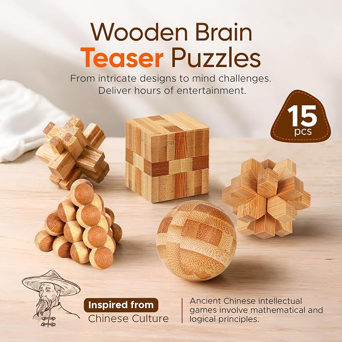 Wooden Brain Teaser Puzzles, 15pcs 3D Brain Teasers for Adults Teens Kids, Logic Mind Puzzle Box Lock Toy Removing Assembling 3D Small Puzzle Gift Set, Small 3D Unique IQ Hand Puzzles
