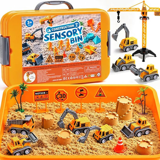 Construction Sensory Bin for Toddlers – Gifts for 3 Year Old Boys | Play Sand Building Kit Sandbox Playset with Lid Preschool Learning Activity Toys for Girls Ages 3‑5