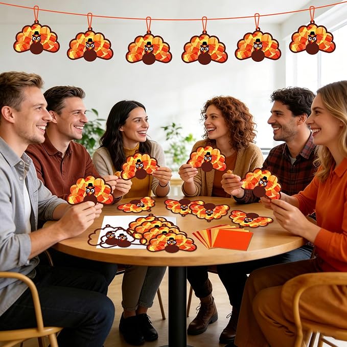 Qyeahkj 36 Set Thanksgiving Turkey Suncatchers Crafts for DIY Fall Window Tissue Paper Craft Kit Autumn Hanging Decor for Harvest Home Activity Art Project Birthday Party Favor Gift