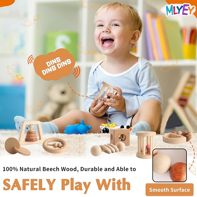 Wooden Baby Toy 8pcs, Montessori Toys for Babies 1-3 Years Old, Wooden Rattles Toy Set for Infant Grasping, Sensory Development, Gift for Baby Boys Girls (Natural Wood)