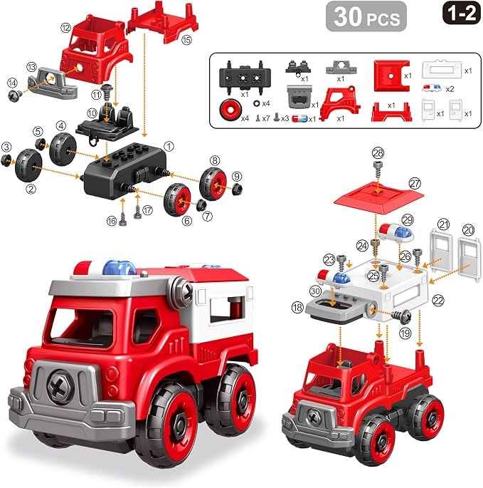 4-in-1 Take Apart Toys Truck with Electric Drill, DIY Assembly Fire Truck | Toy Vehicles, Kids STEM Building Educational Cars Toys, Birthday Gifts for Age 3 4 5 6 7 8 Years Old Boys Girls