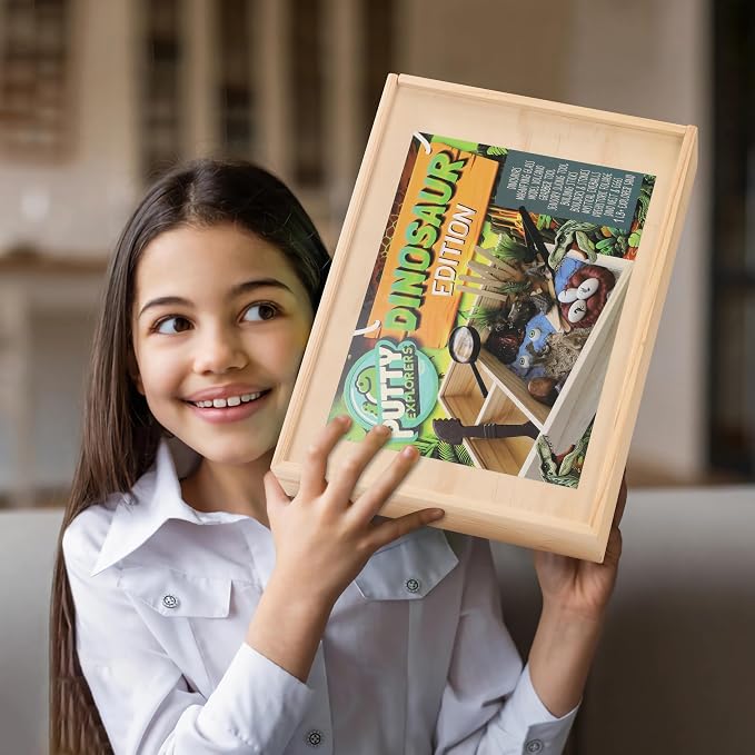 Dinosaur Sensory Bin Kit for Kids - Wooden Sensory Box with Putty, Dino Figures, Volcano & Tools | Montessori STEM Learning Toy | Dinosaur Excavation & Imaginative Play Set for Boys & Girls Ages 4-8
