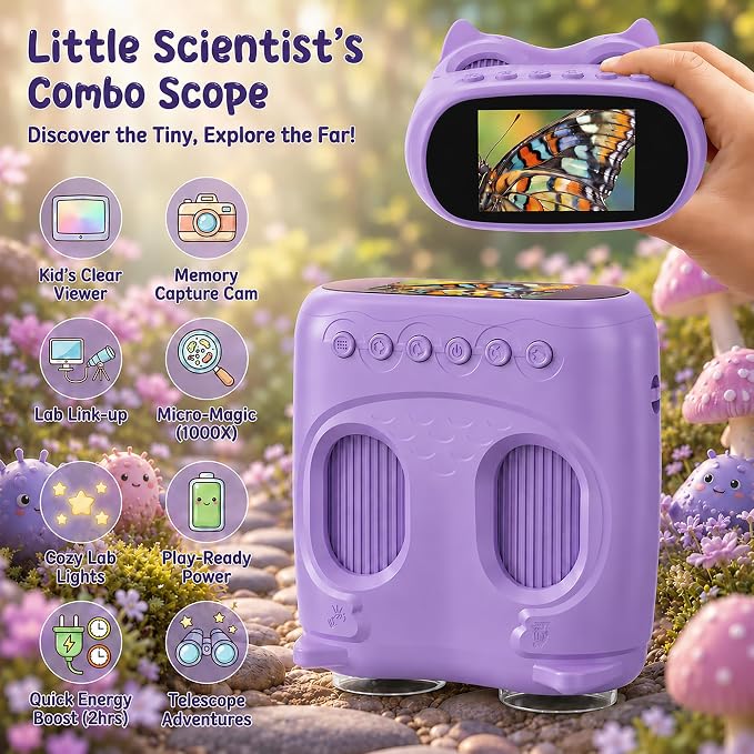 2-in-1 Kids Microscope and Telescope, 1000X Handheld Digital Microscope for Kids, 2.0" Screen, 8 LEDs, 10X Pocket Telescope for Outdoor, 1080P Camera STEM Toys Gift for Boys Girls 4-12, Purple