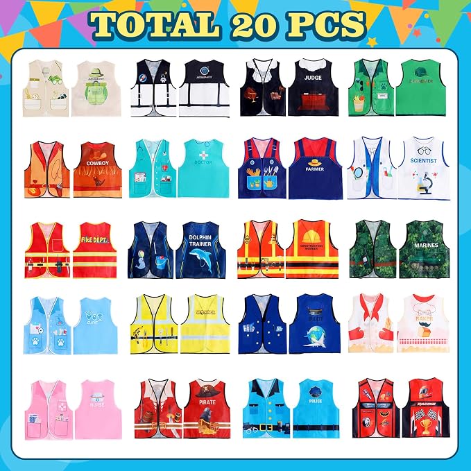20 PCS Kids Dress Up Vest Community Helper Career Costumes for Role Play | 20 Pcs Kids Dress Up Costumes for Pretend and Play Doctor Police Fireman Construction Costume for Back to School Halloween