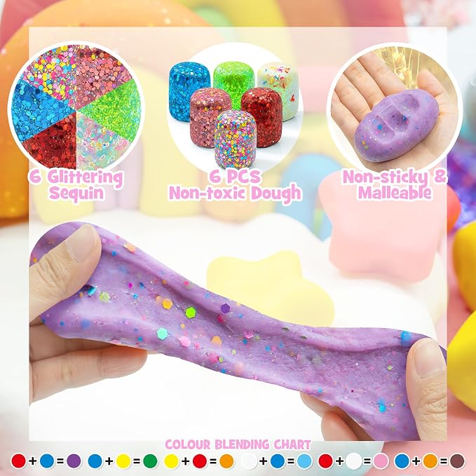 SIMPLIPLAY Unicorn Sensory Dough Kit, 6PCS 18oz Glitter Doughs | Non-Toxic Colorful Sensory Dough with Accessories(120 Pcs+) for Girls with Cutter, Unicorn Toys, Improve Fine Motor Skills