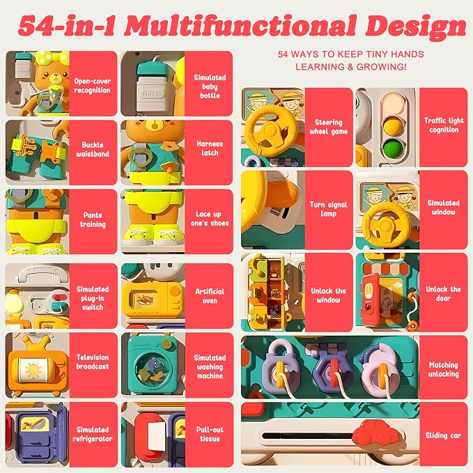 Busy Board for Babies 6-12 Months, 54-in-1 Musical Travel Board | Portable Activity Board with Lights & Music, Fine Motor Skills, Sensory Travel Toys for Airplane Cars, Gift for Boys Girls