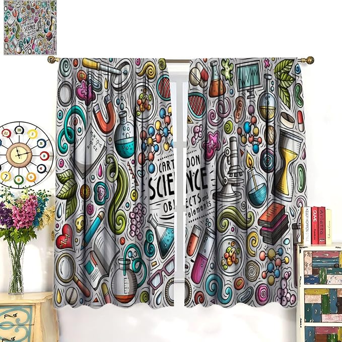 Science Symbols Kids Curtain Sketches Cartoon Chemistry Physics Geometry Education Pattern Print Window Drapes for Bedroom Living Room Kitchen Decor,2 Panel Set,42x45 Inch Decor
