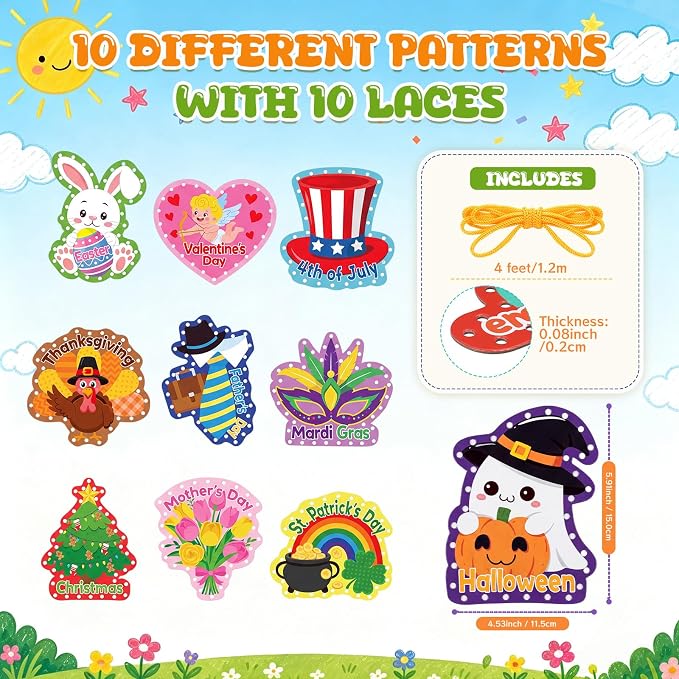 Funrous 10 Pieces Kids Recognition Lacing Cards,Holiday | Thick Cardboard Educational Sewing Cards, Double Sided Lacing Playing Games, For Preschool Developing Imagination Supplies