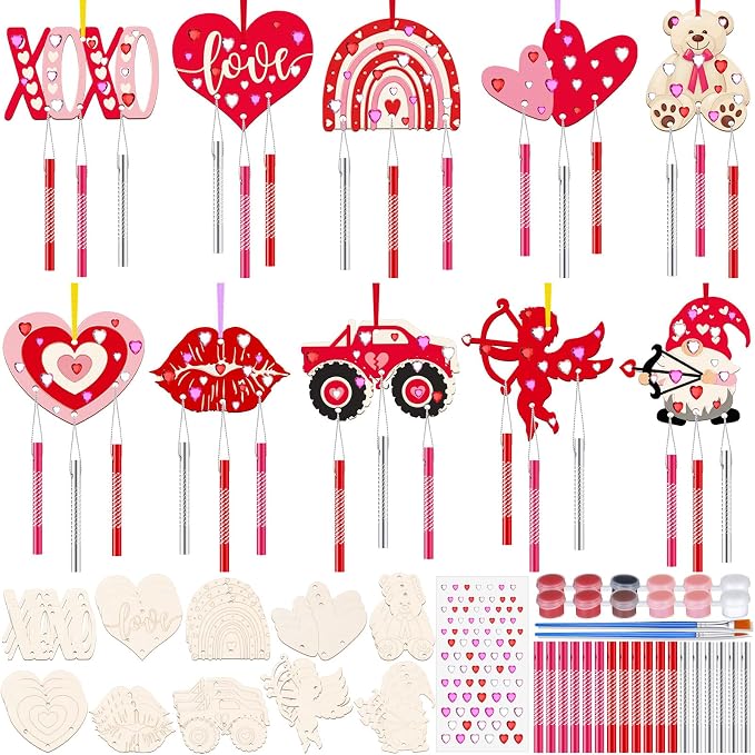 JellyArch 30 Pack Wind Chime Craft Kit Kids Adults, DIY Wooden Ornaments | Bulk Party Activities, Ocean Summer Theme with Bells Ribbons Paints, Heart Rainbow Animal Shapes for Home Decoration