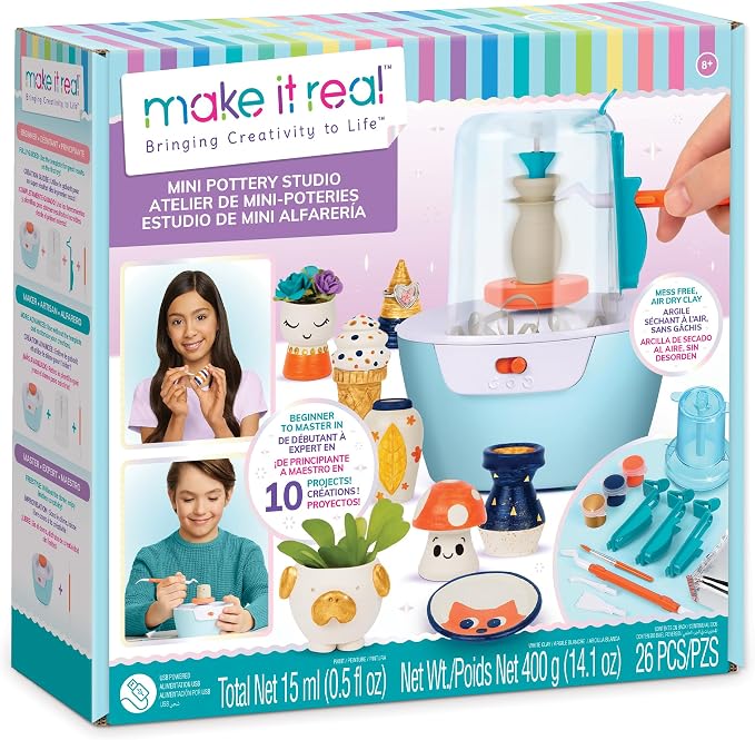 Make It Real Mini Pottery Studio - 26-Piece DIY Pottery Kit with Mess-Free Air Dry Clay - Create 10 Miniature Projects, Beginner to Master Levels - Innovative Centering Tool - Great for Kids Ages 8
