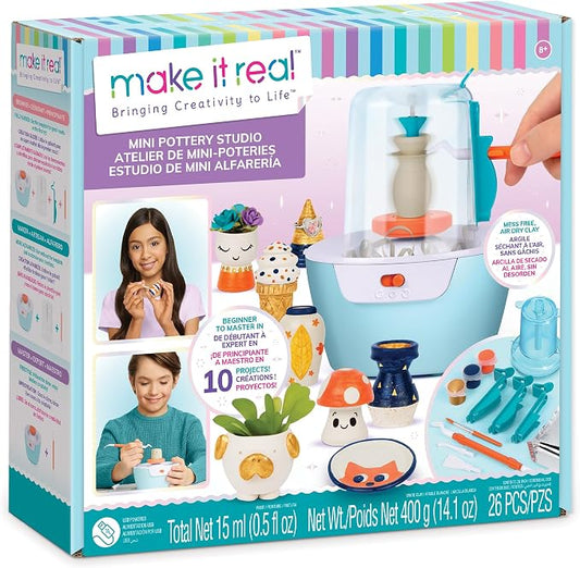 Make It Real Mini Pottery Studio - 26-Piece DIY Pottery Kit with Mess-Free Air Dry Clay - Create 10 Miniature Projects, Beginner to Master Levels - Innovative Centering Tool - Great for Kids Ages 8