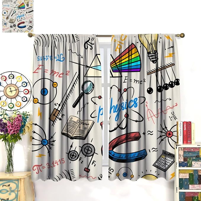 Science Physics Window Curtains, Abstract Math Chemistry Curtain Scientist Graffiti Print Window Treatments for Kids Teens Bedroom Living Room Set 2 Panels,52x84 Inches